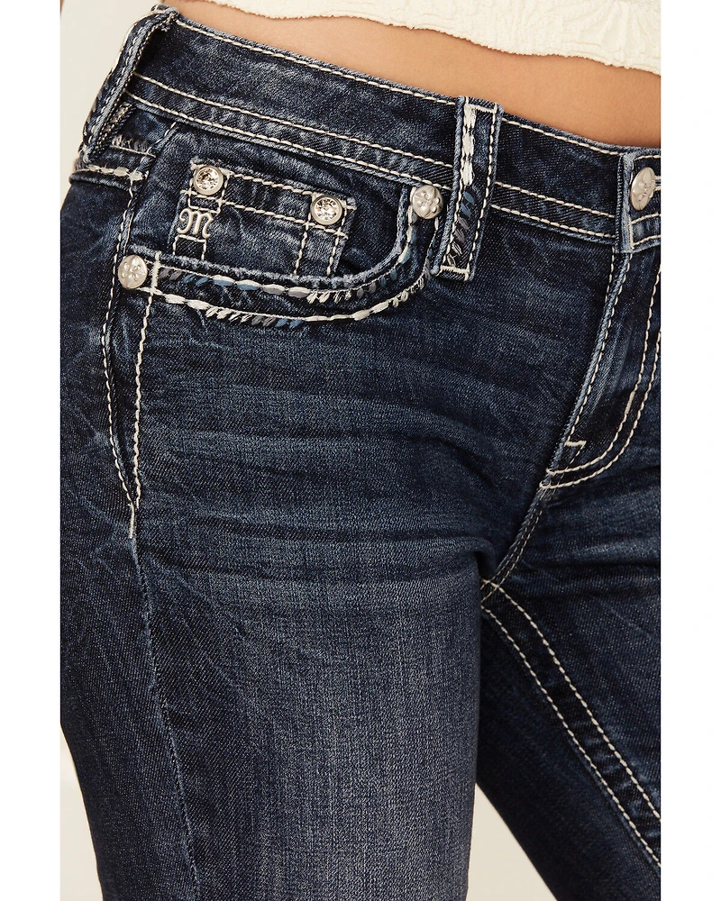 Miss Me Women's Dark Wash Mid Rise Whip Stitch Pocket 32" Bootcut Stretch Denim Jeans