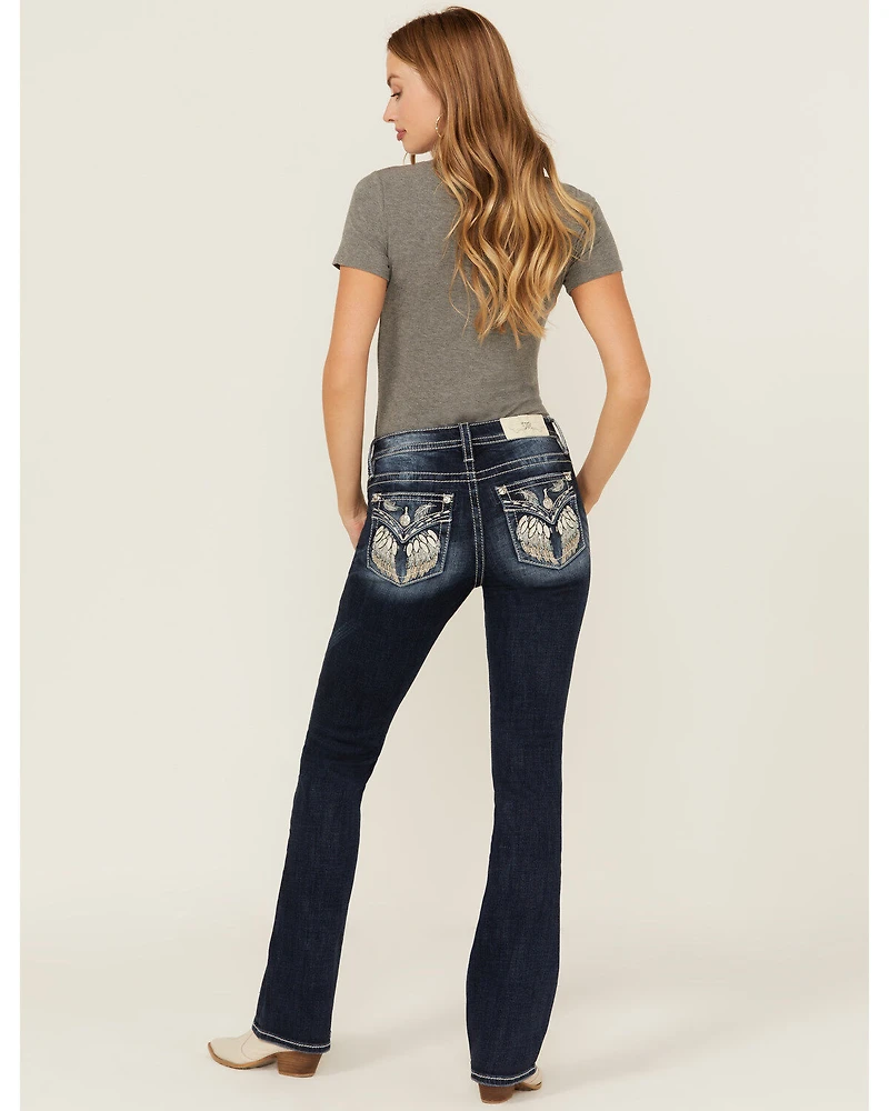 Miss Me Women's Dark Wash Mid Rise Wing Pocket 34" Bootcut Stretch Denim Jeans
