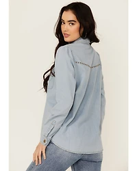 Blue B Women's Light Wash Studded Keyhole Long Sleeve Snap Denim Shirt