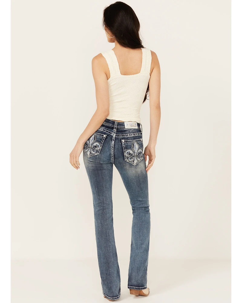 Grace LA Women's Fleur De Lis Embroidered Pocket Bootcut Stretch Denim Jeans
