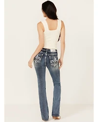 Grace LA Women's Fleur De Lis Embroidered Pocket Bootcut Stretch Denim Jeans
