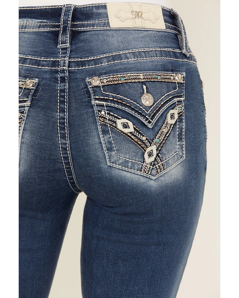 Miss Me Women's Dark Wash Mid Rise Faux Flap Pocket 34" Bootcut Stretch Denim Jeans