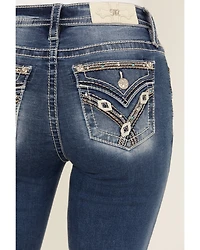 Miss Me Women's Dark Wash Mid Rise Faux Flap Pocket 34" Bootcut Stretch Denim Jeans