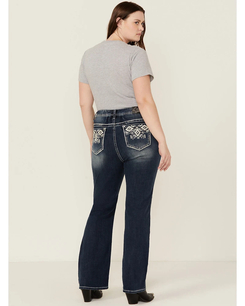 Grace LA Women's Medium Wash Mid Rise Geo Pocket Stretch Bootcut Jeans - Plus