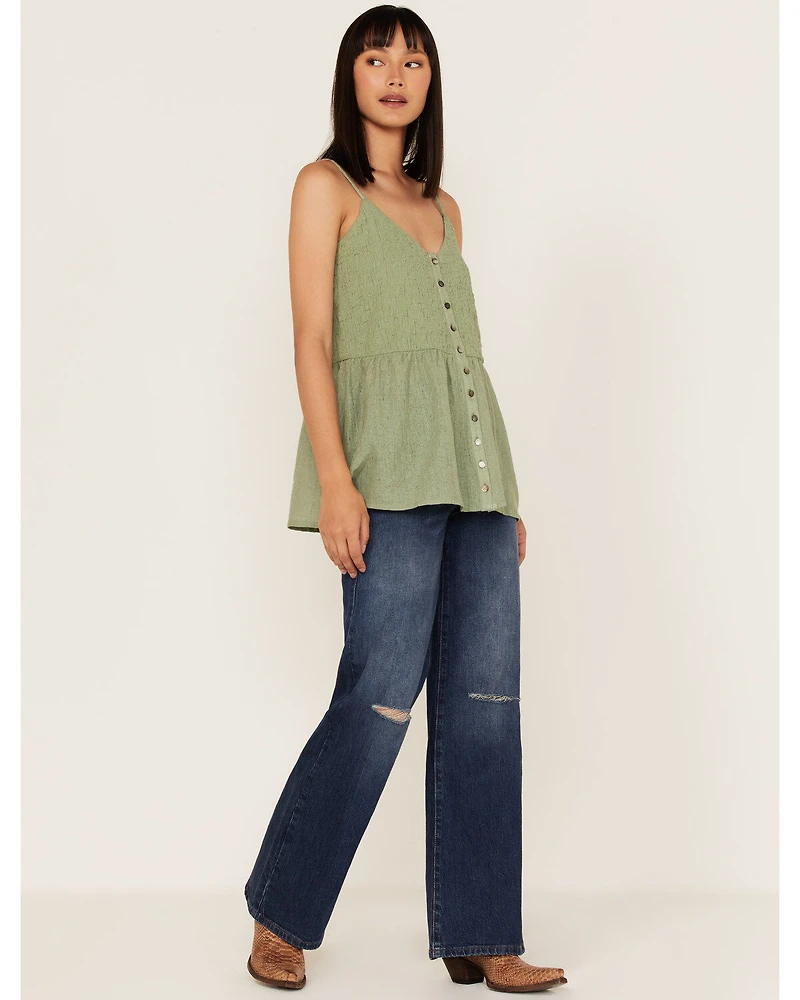 Cleo + Wolf Women's Smocked Button Front Woven Tank Top