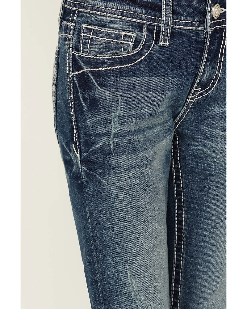 Grace LA Girls' Dark Wash Geo Print Pocket Stretch Bootcut Jeans