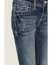 Grace LA Girls' Dark Wash Geo Print Pocket Stretch Bootcut Jeans