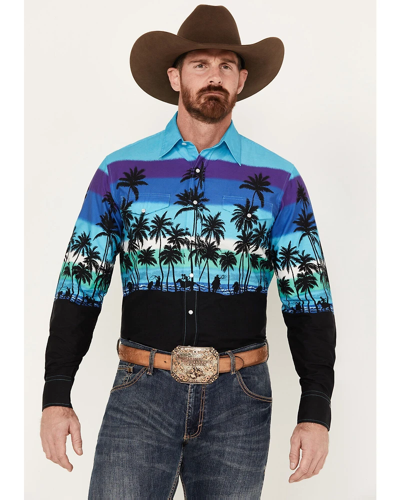 Roper Men's Vintage Palm Tree Beach Print Long Sleeve Pearl Snap Western Shirt