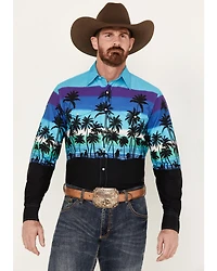 Roper Men's Vintage Palm Tree Beach Print Long Sleeve Pearl Snap Western Shirt