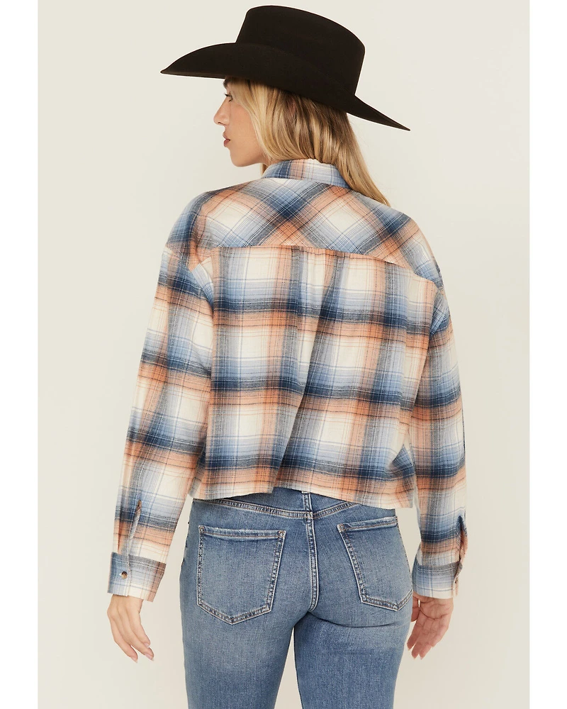 Ely Walker Women's Plaid Print Long Sleeve Button-Down Cropped Flannel Shirt