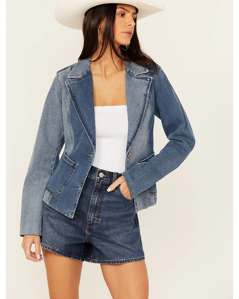 Shyanne Women's Oasis Medium Wash Denim Blocked Comfort Stretch Blazer