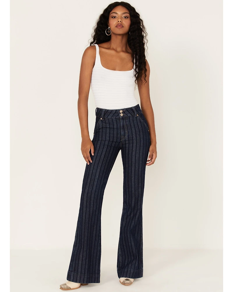 Rock & Roll Denim Women's Stripe Jacquard Dark Wash High Rise Flare Trouser Jeans