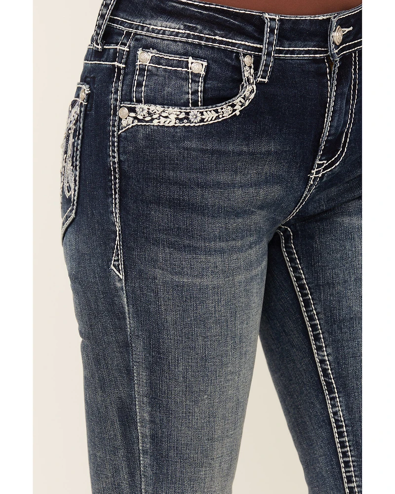 Grace LA Women's Medium Wash Sequin Cow Skull Mid Rise Bootcut Stretch Denim Jeans