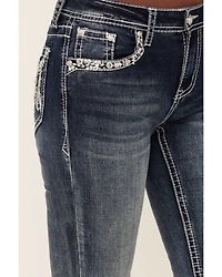 Grace LA Women's Medium Wash Sequin Cow Skull Mid Rise Bootcut Stretch Denim Jeans