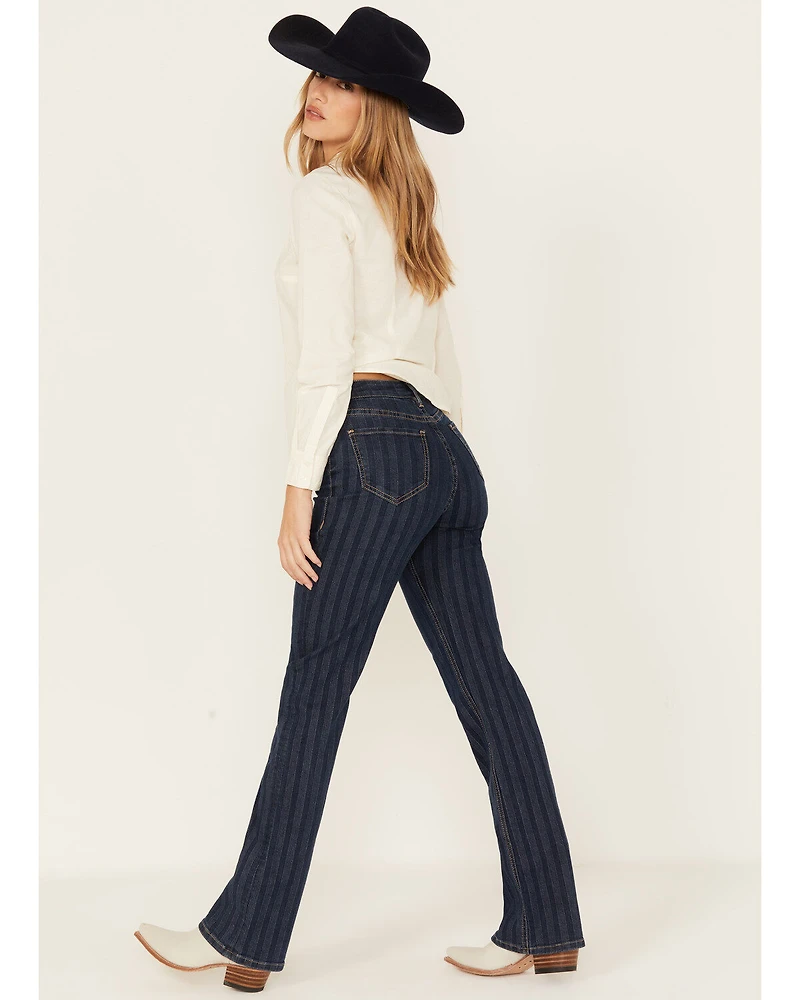 Rock & Roll Denim Women's Dark Wash Stripe Print High Rise Stretch Bootcut Jeans