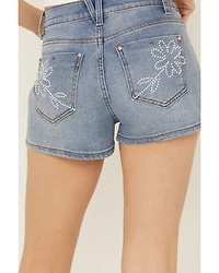 Vibrant Denim Women's Medium Wash High Rise Floral Embellished Shorts