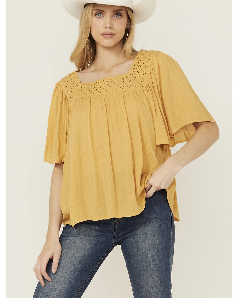 Band Of The Free Women's Solid Short Sleeve Ruffle Blouse