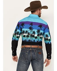 Roper Men's Vintage Palm Tree Beach Print Long Sleeve Pearl Snap Western Shirt
