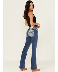 Miss Me Women's Medium Wash Mid Rise Southwestern Print Pocket 32" Bootcut Stretch Denim Jeans