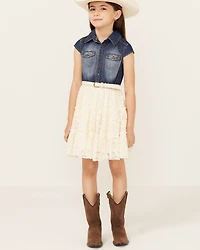 Sugar California Girls' Belted Denim Lace Mini Dress