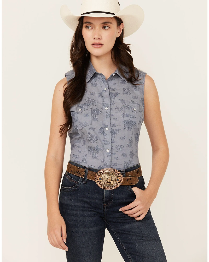 Rough Stock by Panhandle Women's Palm Tree Sleeveless Pearl Snap Western Shirt