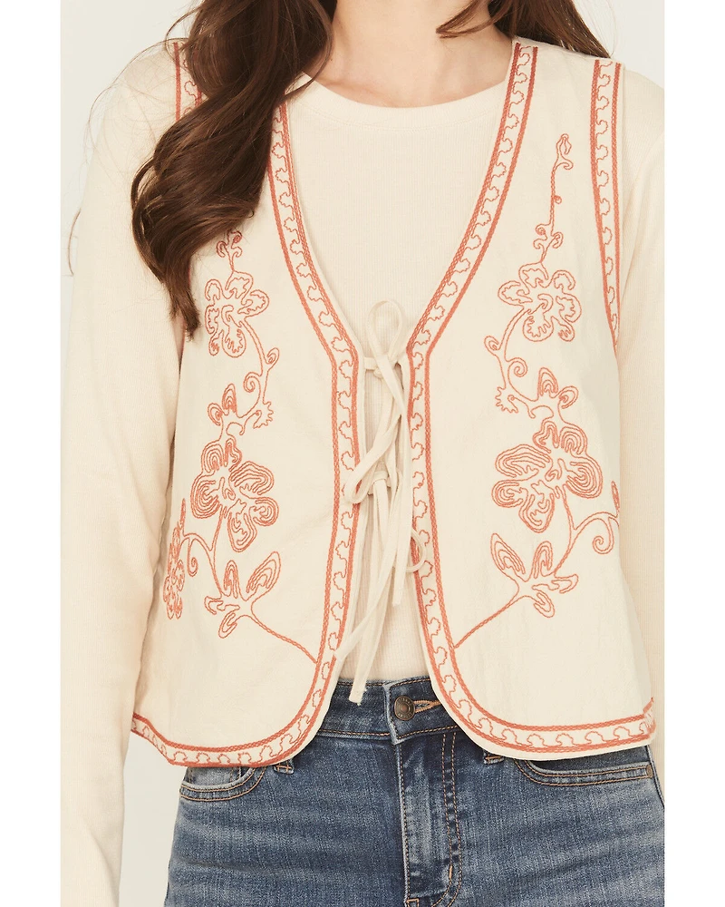 Easel Women's Floral Embroidered Tie-Front Vest