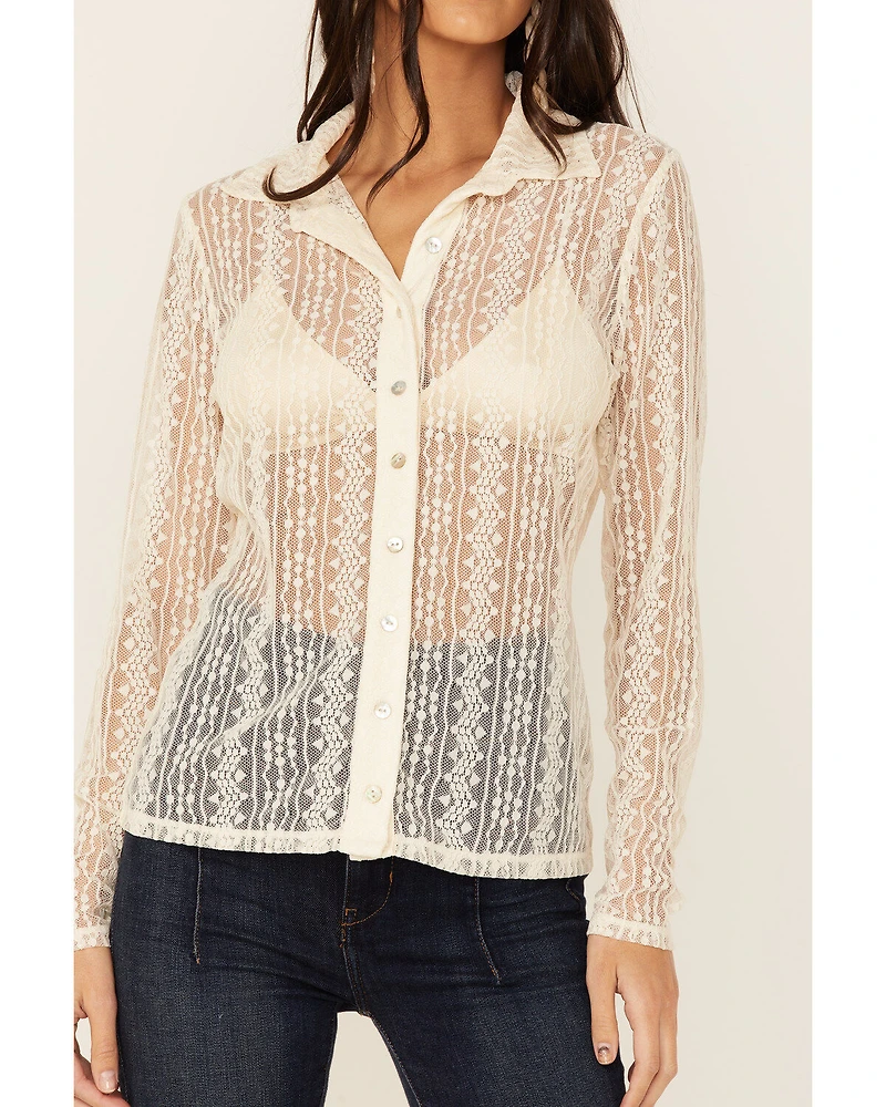 Wild Moss Women's Lace Button Front Sheer Long Sleeve Shirt
