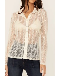 Wild Moss Women's Lace Button Front Sheer Long Sleeve Shirt
