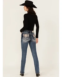Grace LA Women's Medium Wash Geo Print Embroidered Mid Rise Bootcut Stretch Denim Jeans