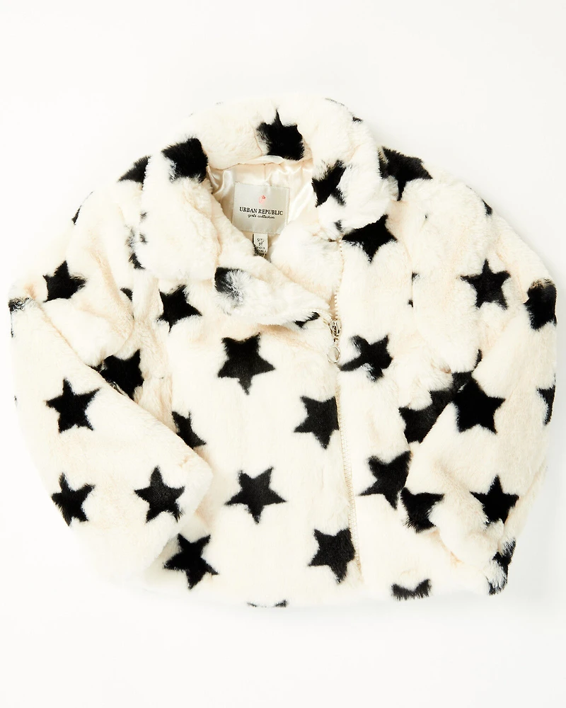 Urban Republic Toddler Girls' Star Print Faux Fur Moto Jacket