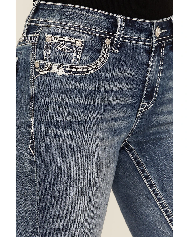 Grace LA Women's Medium Wash Geo Print Embroidered Mid Rise Bootcut Stretch Denim Jeans