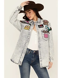 Blue B Women's Western Patchwork Snap Denim Shacket