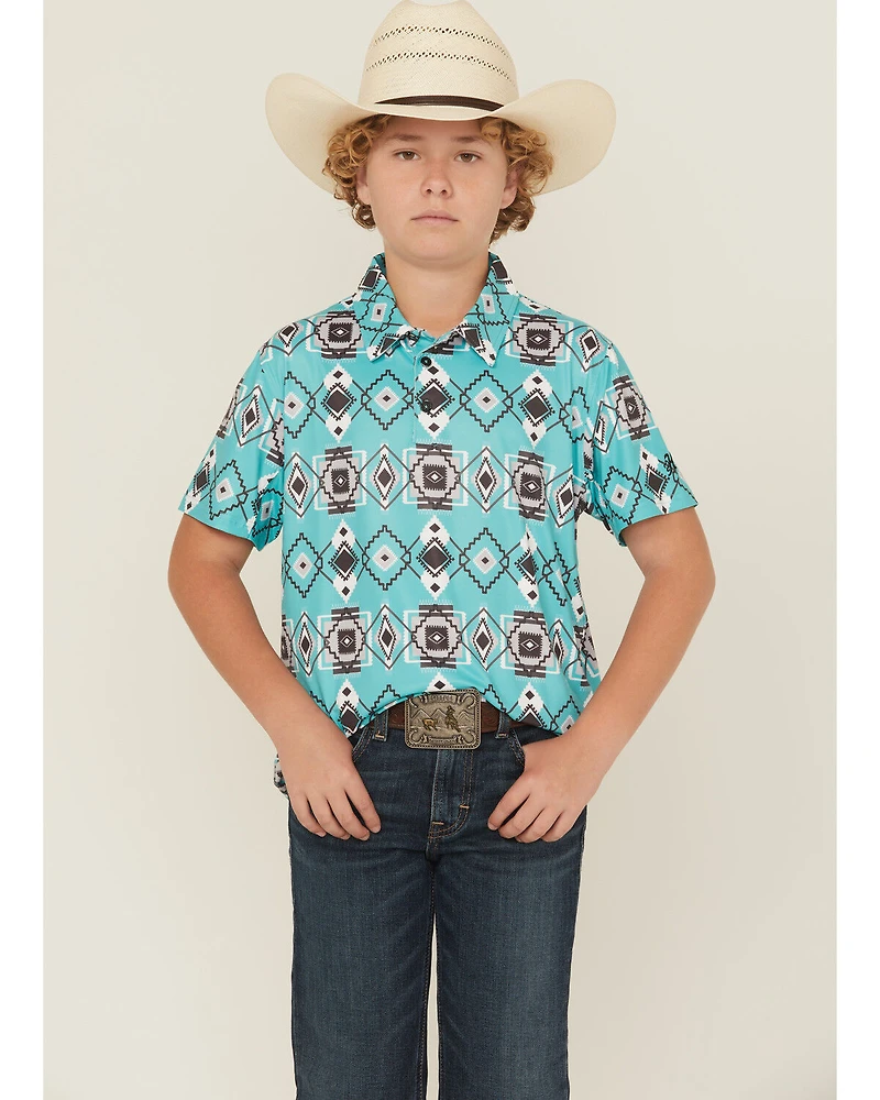 Hooey Boys' Southwestern Print Short Sleeve Button-Down Stretch Polo Shirt