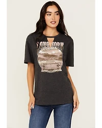 Youth Revolt Women's Cutout Neck Long Horn Ranch Graphic Tee