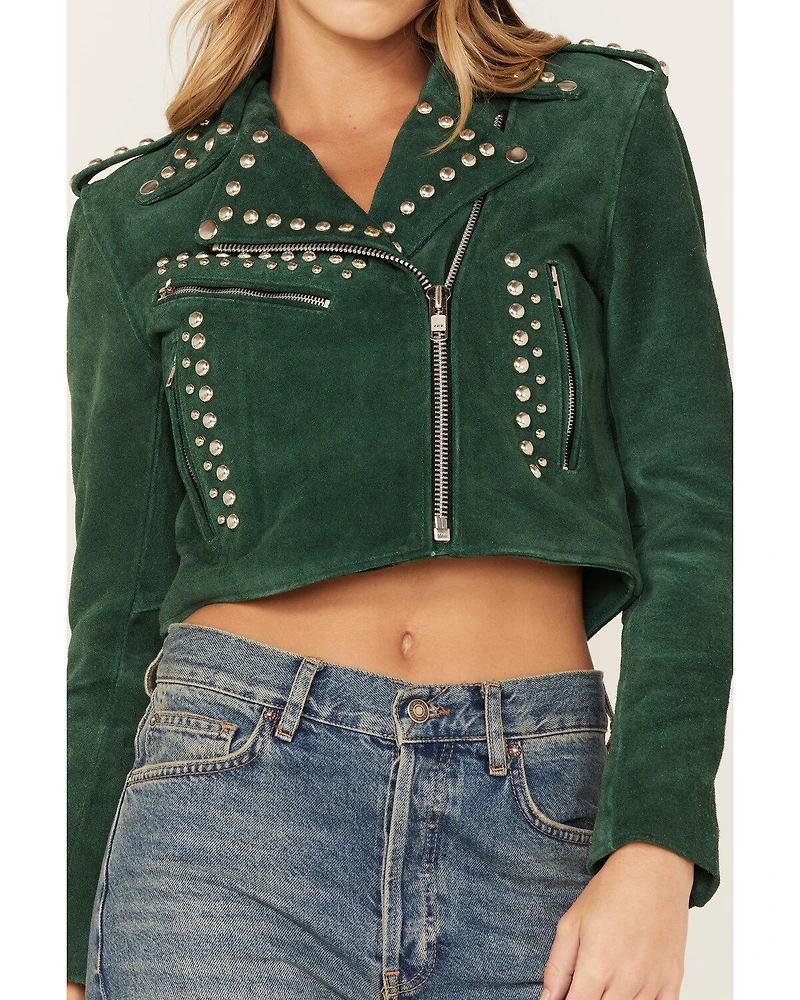 Understated Leather Women's Runway Studded Suede Moto Jacket