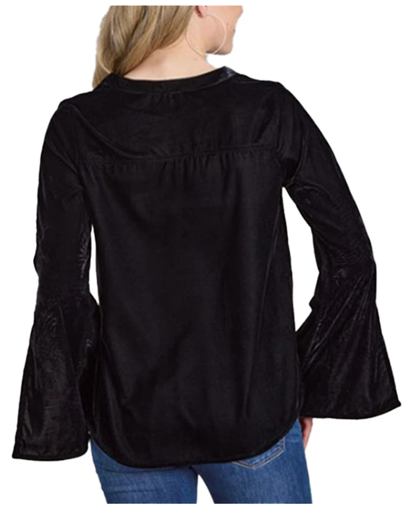 Roper Women's Floral Embroidered Velvet Long Sleeve Blouse