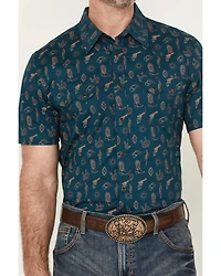 Rock & Roll Denim Men's Cowboy Print Short Sleeve Snap Stretch Western Shirt