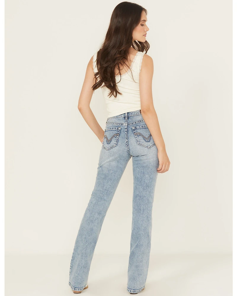 Rock & Roll Denim Women's Medium Wash Mid Rise Distressed Bootcut Stretch Jeans