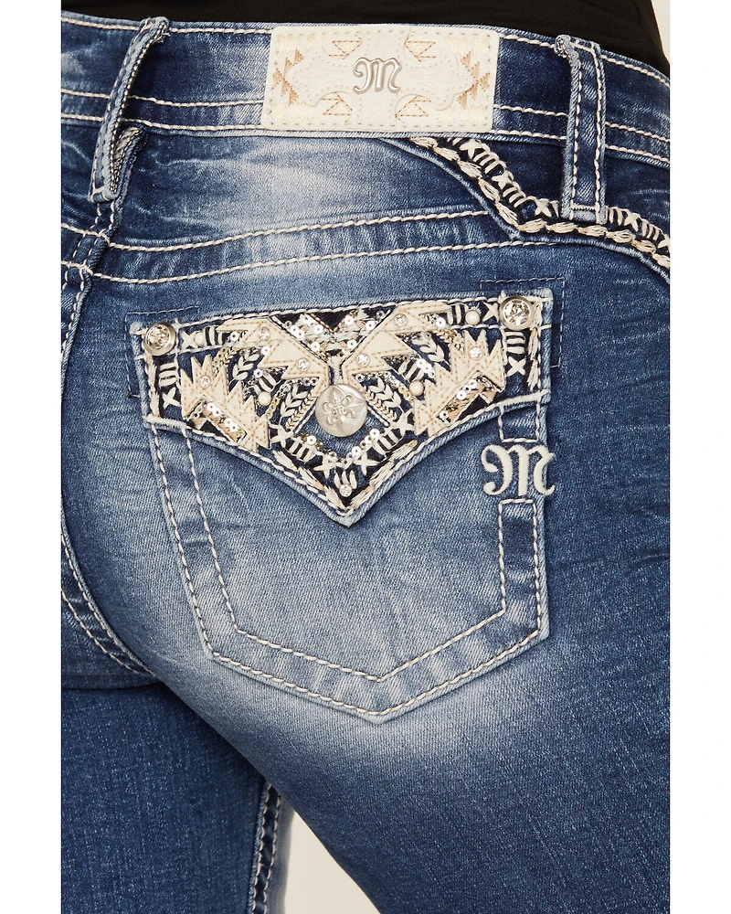 Miss Me Women's Medium Wash Mid Rise Southwestern Print Pocket 32" Bootcut Stretch Denim Jeans