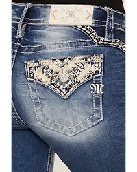 Miss Me Women's Medium Wash Mid Rise Southwestern Print Pocket 32" Bootcut Stretch Denim Jeans