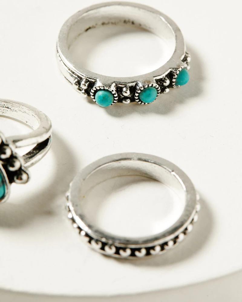Shyanne Women's Turquoise and Silver-Toned Dotted Ring Set - 3 Piece