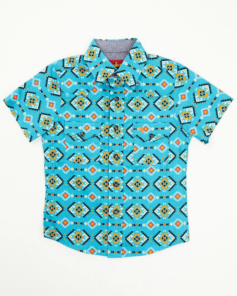 Rodeo Clothing Little Boys' Southwestern Print Short Sleeve Snap Western Shirt