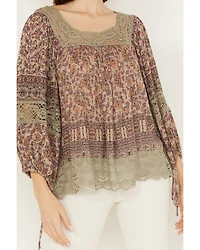 Angie Women's Long Sleeve Macrame Insert Floral Border Print Top