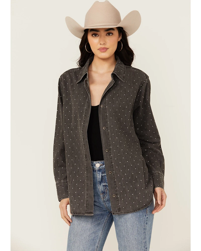 Blue B Women's Solid Rhinestone Long Sleeve Button-Down Shirt
