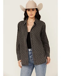 Blue B Women's Solid Rhinestone Long Sleeve Button-Down Shirt