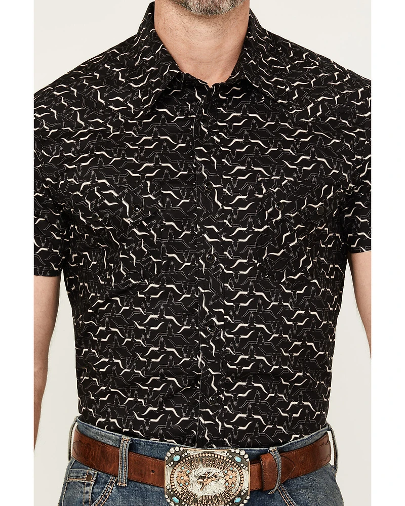 Rock & Roll Denim Men's Longhorn Print Short Sleeve Pearl Snap Stretch Western Shirt