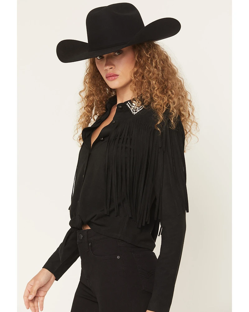 Idyllwind Women's Twinpines Faux Suede Fringe Embellished Long Sleeve Button-Down Western Shirt