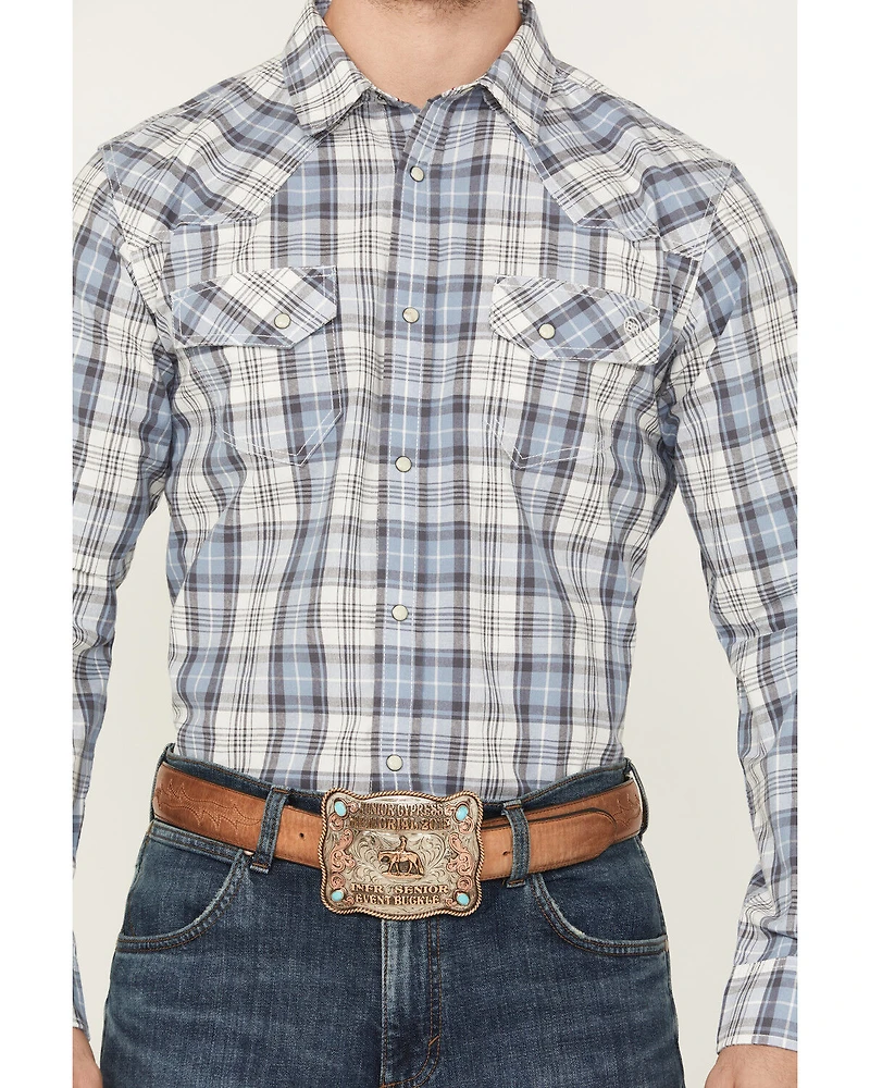 Blue Ranchwear Men's Meadow Plaid Print Long Sleeve Snap Western Shirt