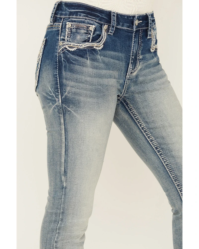 Shyanne Women's Embroidered Pocket Light Wash Mid Rise Bootcut Stretch Denim Jeans