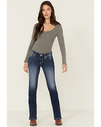 Shyanne Women's Embroidered Dark Wash Mid Rise Bootcut Stretch Denim Jeans